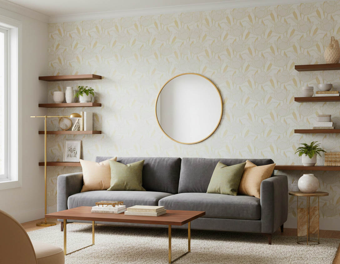 Krem Sarı Çiçekli Parlak Duvar Kağıdı 670127