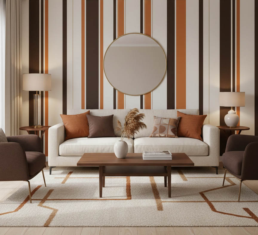 Krem Turuncu Siyah Çizgi Ucuz Duvar Kağıdı 53485