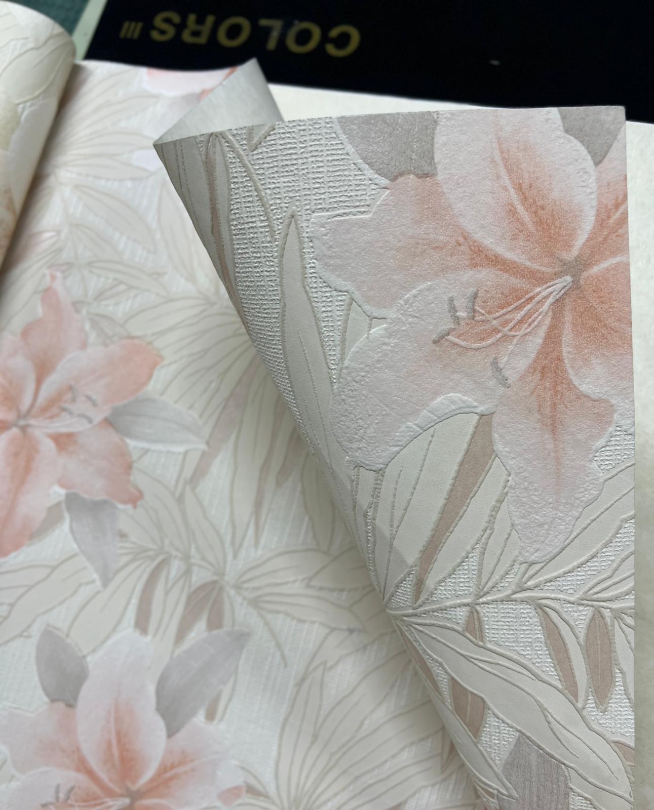 Krem Yapraklı Toz Pembe Çiçekli Tropikal Duvar Kağıdı 669510