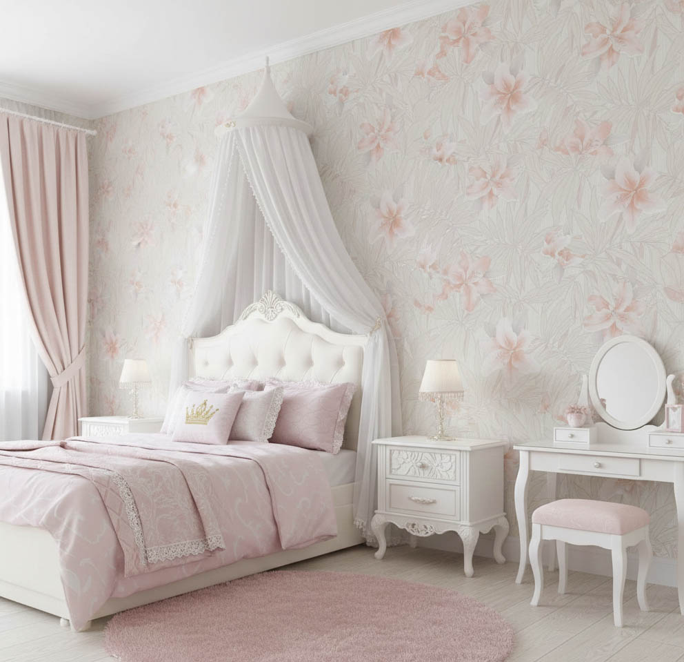 Krem Yapraklı Toz Pembe Çiçekli Tropikal Duvar Kağıdı 669510