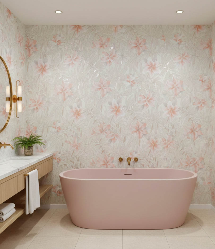 Krem Yapraklı Toz Pembe Çiçekli Tropikal Duvar Kağıdı 669510