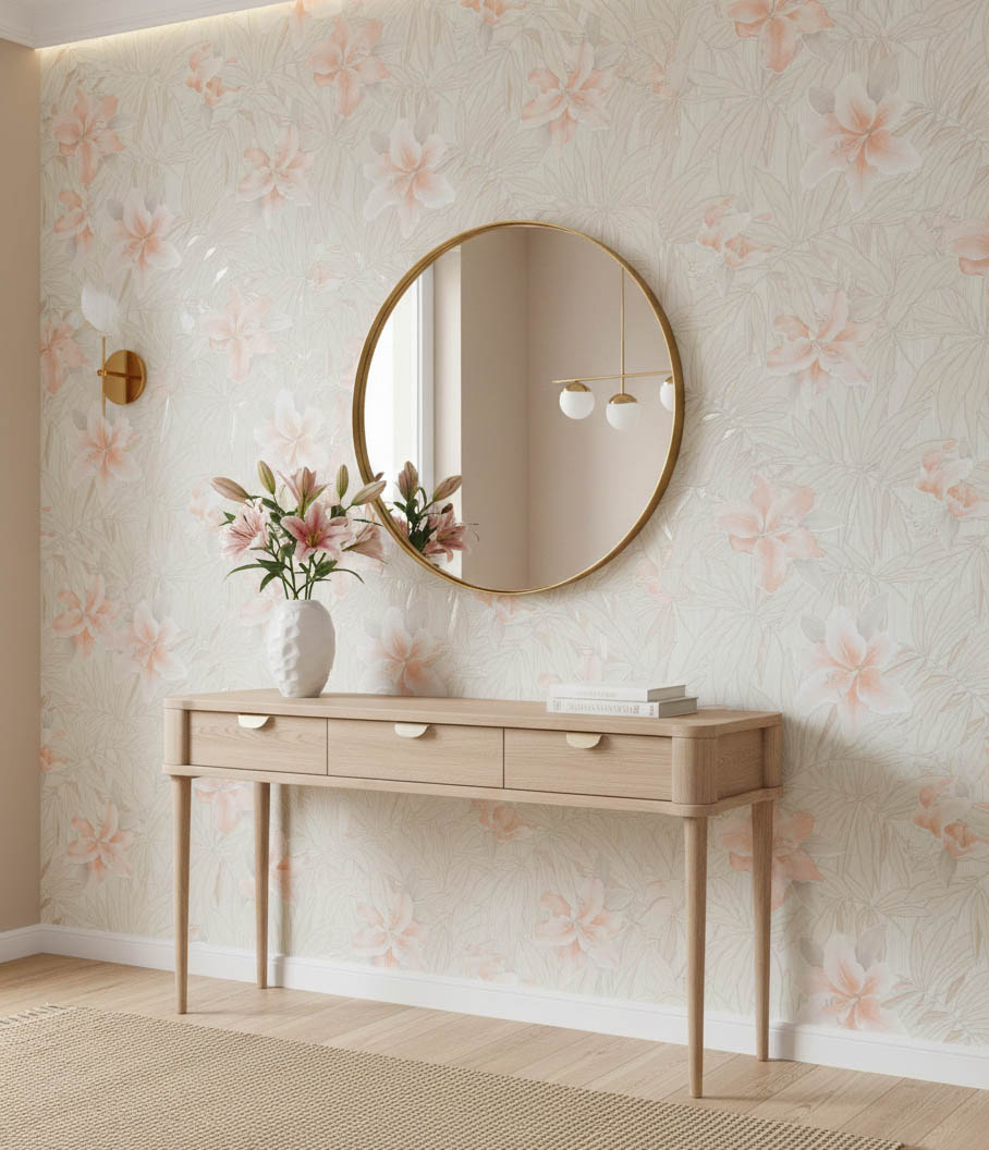 Krem Yapraklı Toz Pembe Çiçekli Tropikal Duvar Kağıdı 669510