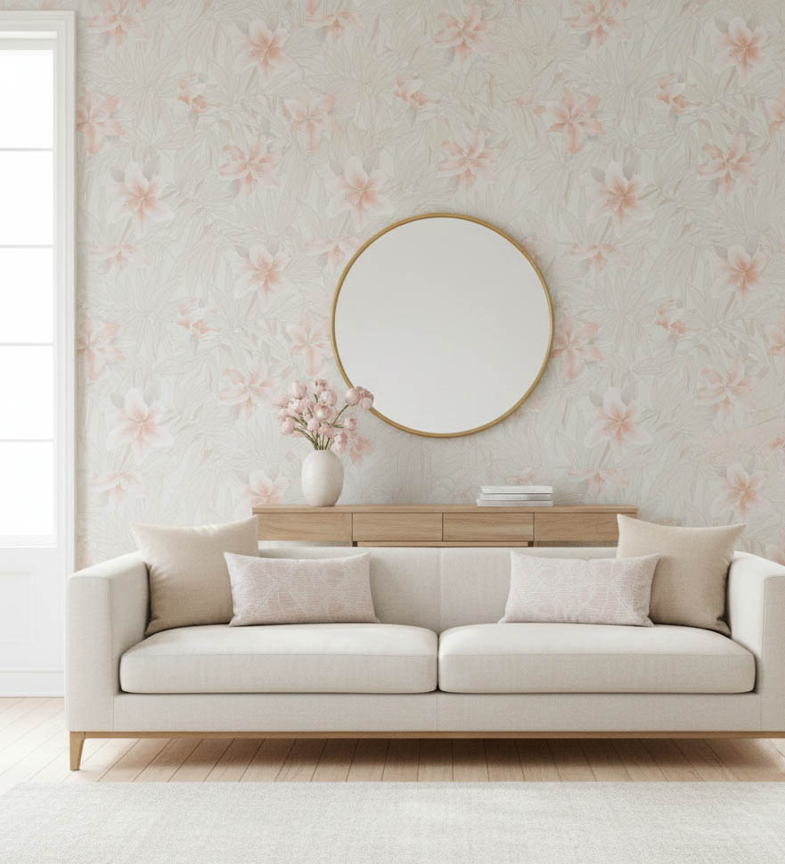 Krem Yapraklı Toz Pembe Çiçekli Tropikal Duvar Kağıdı 669510