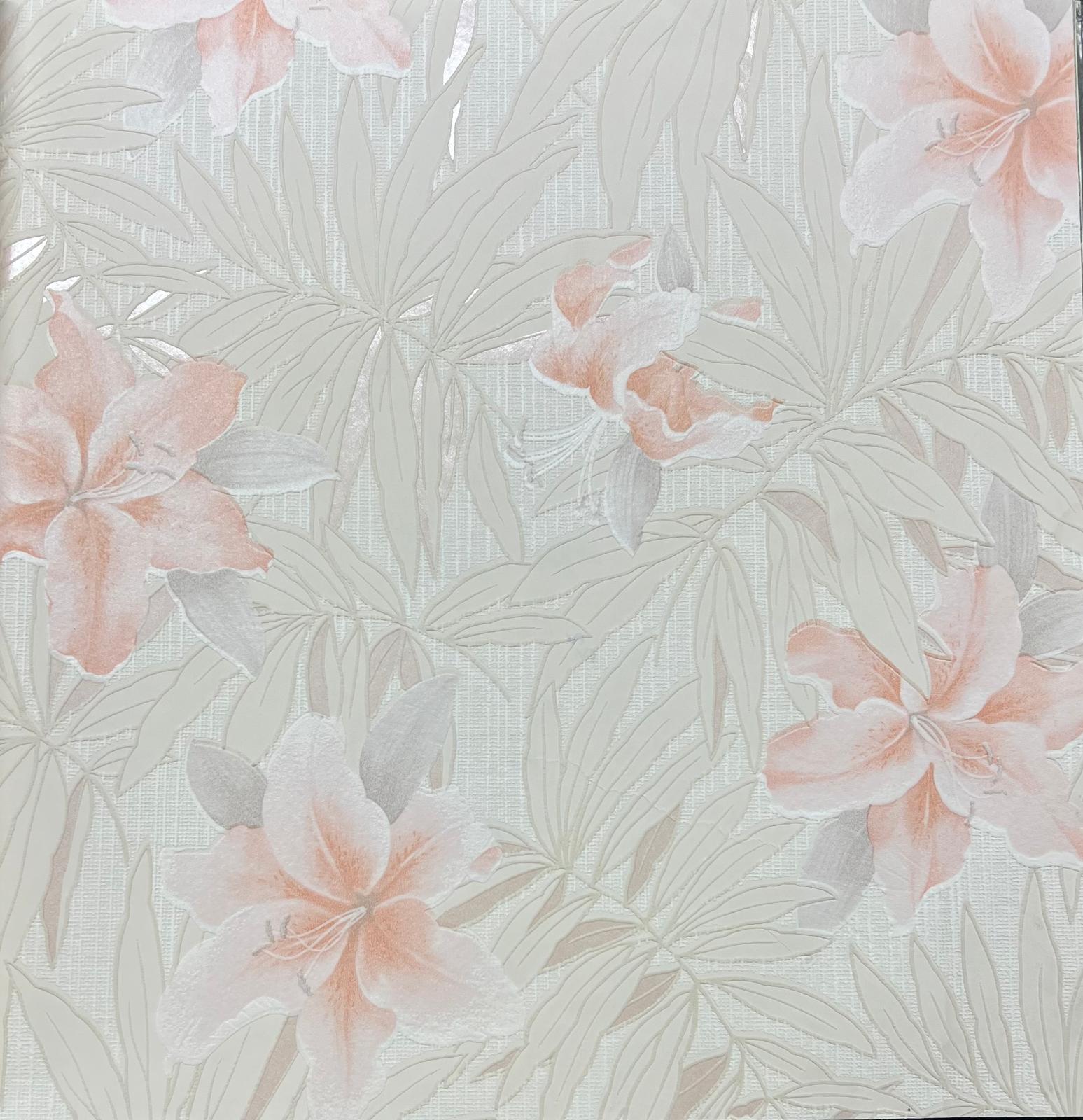 Krem Yapraklı Toz Pembe Çiçekli Tropikal Duvar Kağıdı 669510
