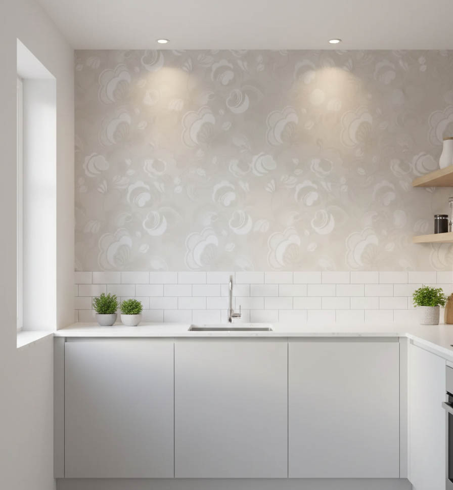 Krem Zemin Beyaz Çiçek Duvar Kağıdı 111033