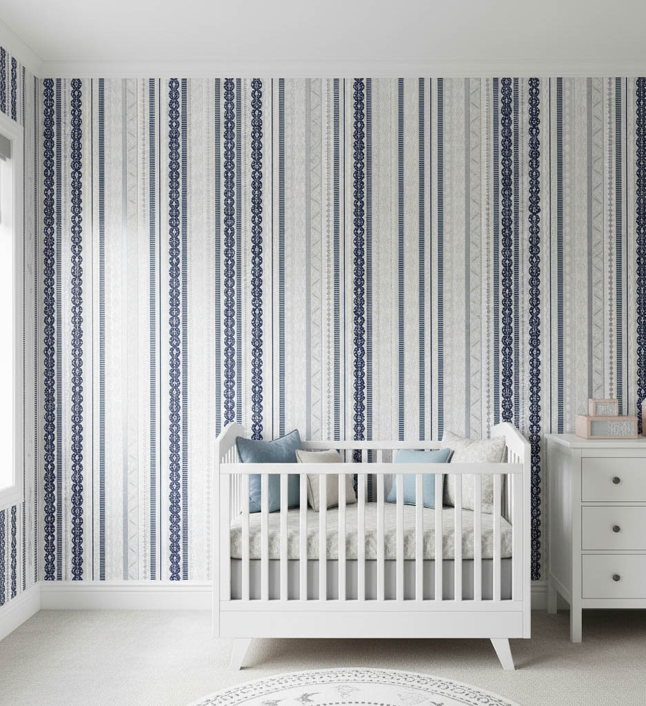 Lacivert Beyaz Krem Bej Çizgi Desenli Duvar Kağıdı 113033