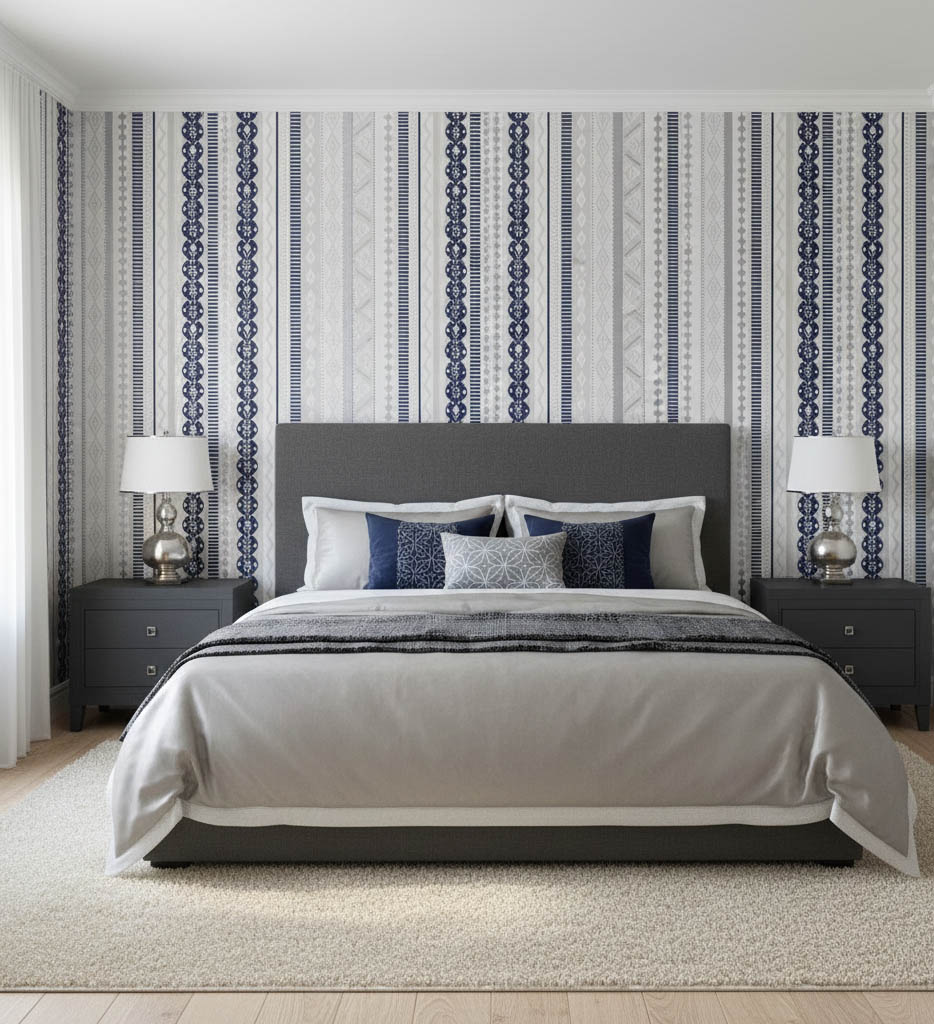 Lacivert Beyaz Krem Bej Çizgi Desenli Duvar Kağıdı 113033