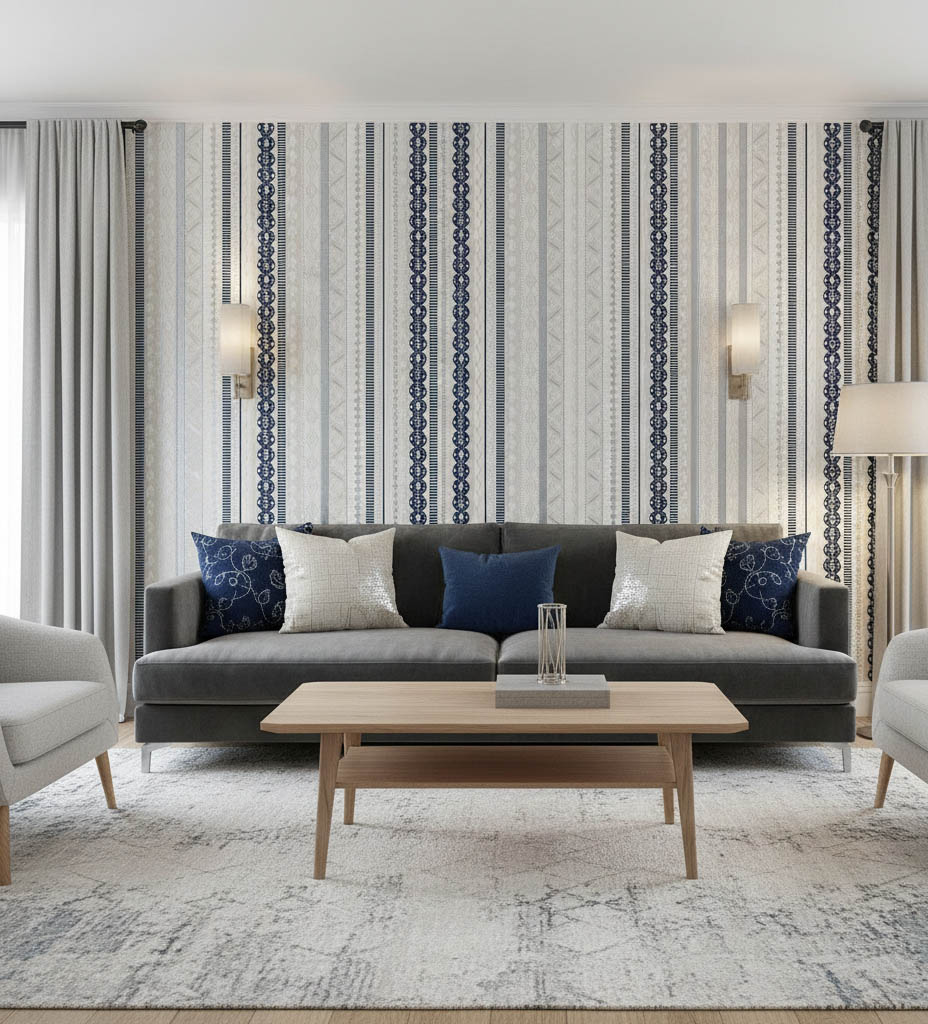 Lacivert Beyaz Krem Bej Çizgi Desenli Duvar Kağıdı 113033