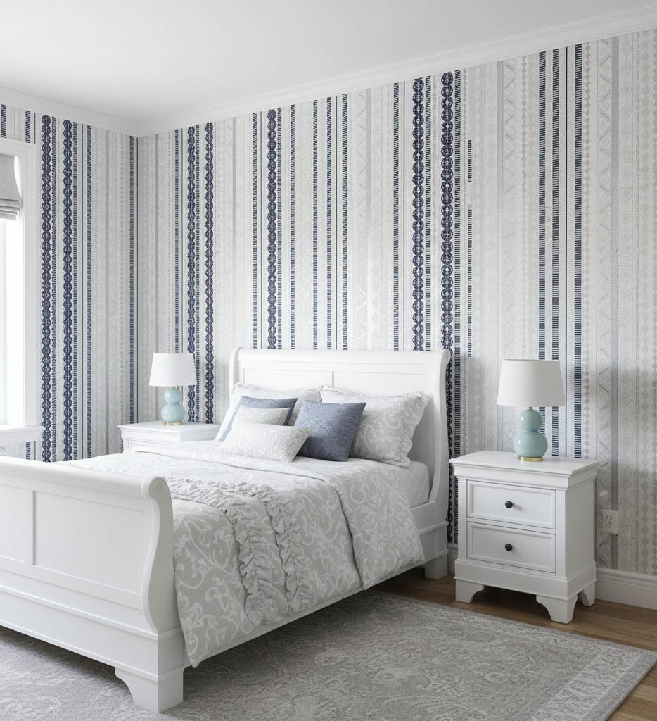 Lacivert Beyaz Krem Bej Çizgi Desenli Duvar Kağıdı 113033