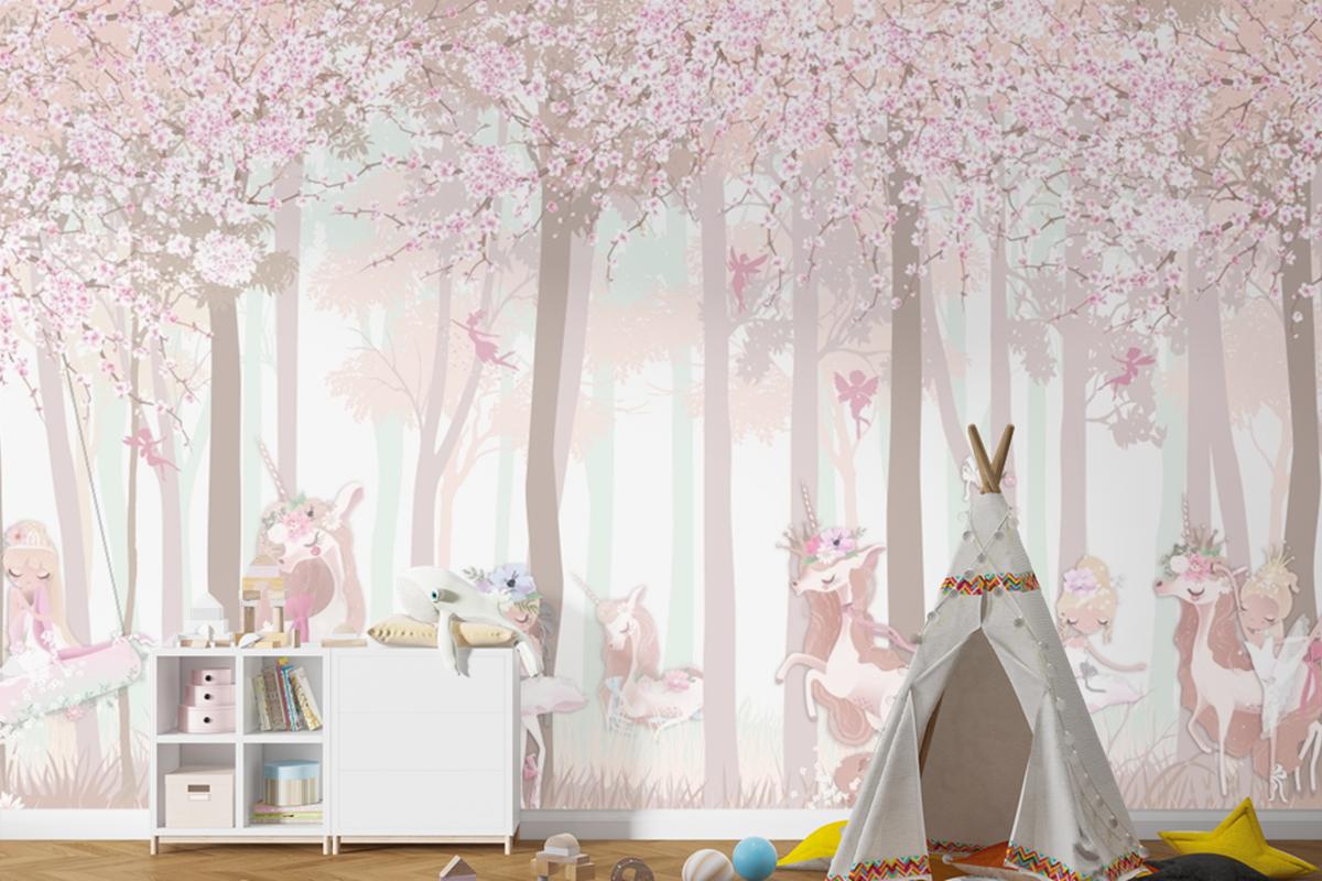 Masal Unicorn Pembe Orman Çocuk Odası Duvar Kağıdı