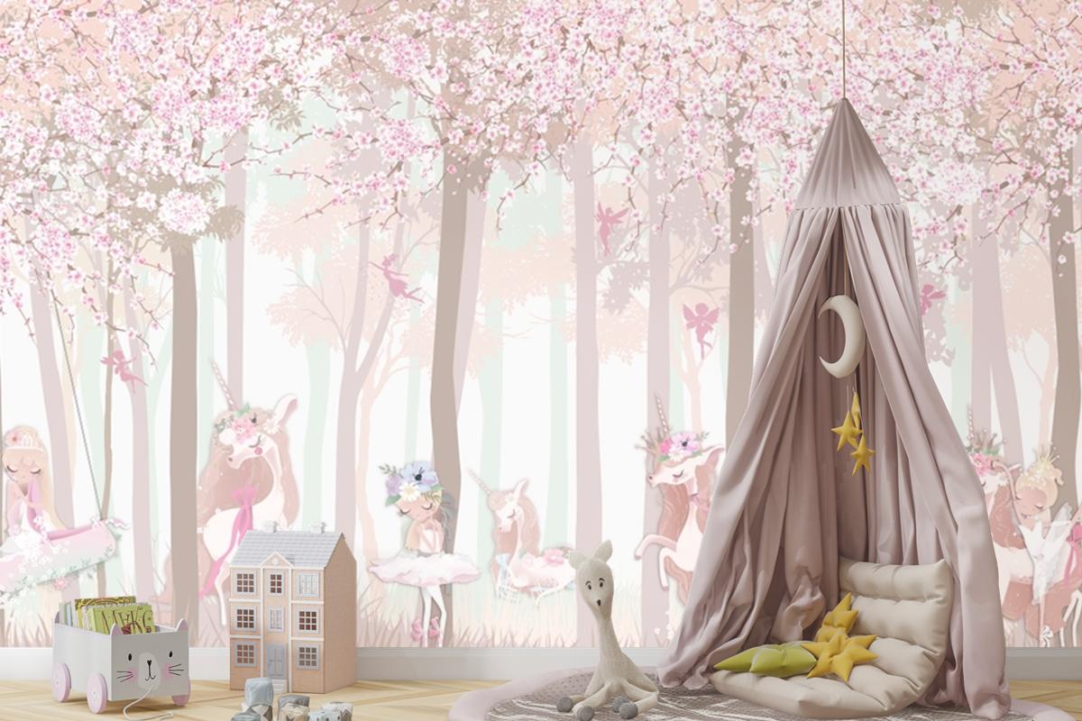 Masal Unicorn Pembe Orman Çocuk Odası Duvar Kağıdı