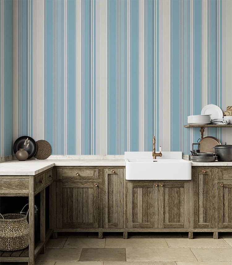 Mavi Tonlarında Çizgili Dokulu Ucuz Duvar Kağıdı 53508