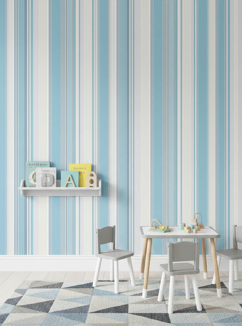 Mavi Tonlarında Çizgili Dokulu Ucuz Duvar Kağıdı 53508