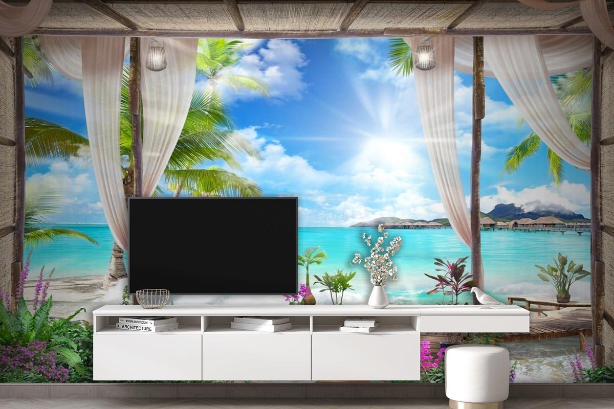 Muhteşem Perdeli 3 Boyutlu Deniz Doğa Manzara Duvar Kağıdı