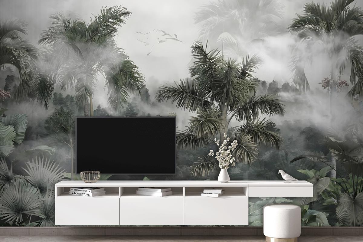 Tek Parça Kumaş Tekstil - Sisli Tropikal Orman Özel Tasarım Duvar Kağıdı