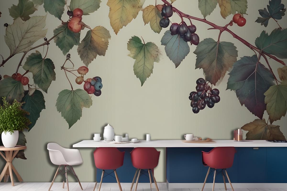 Vintage Yeşil Botanik İncir Ağacı Mutfak Duvar Kağıdı