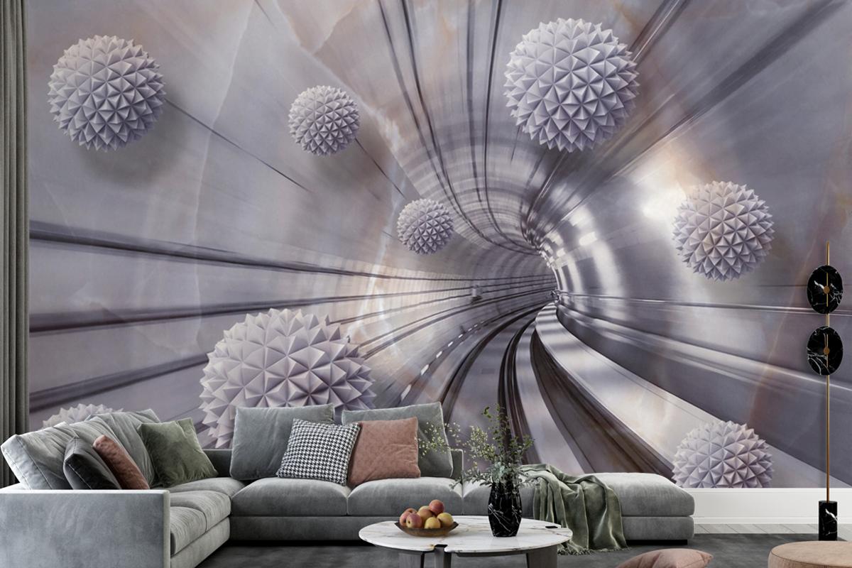 3D Toplar Ve Tren Rayı Tünel Duvar Kağıdı