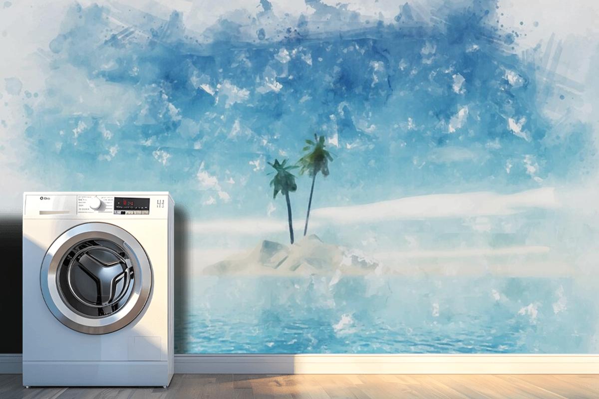 El Boyalı Suluboya Yaz Palmiye Ağacı Adası Duvar Kağıdı