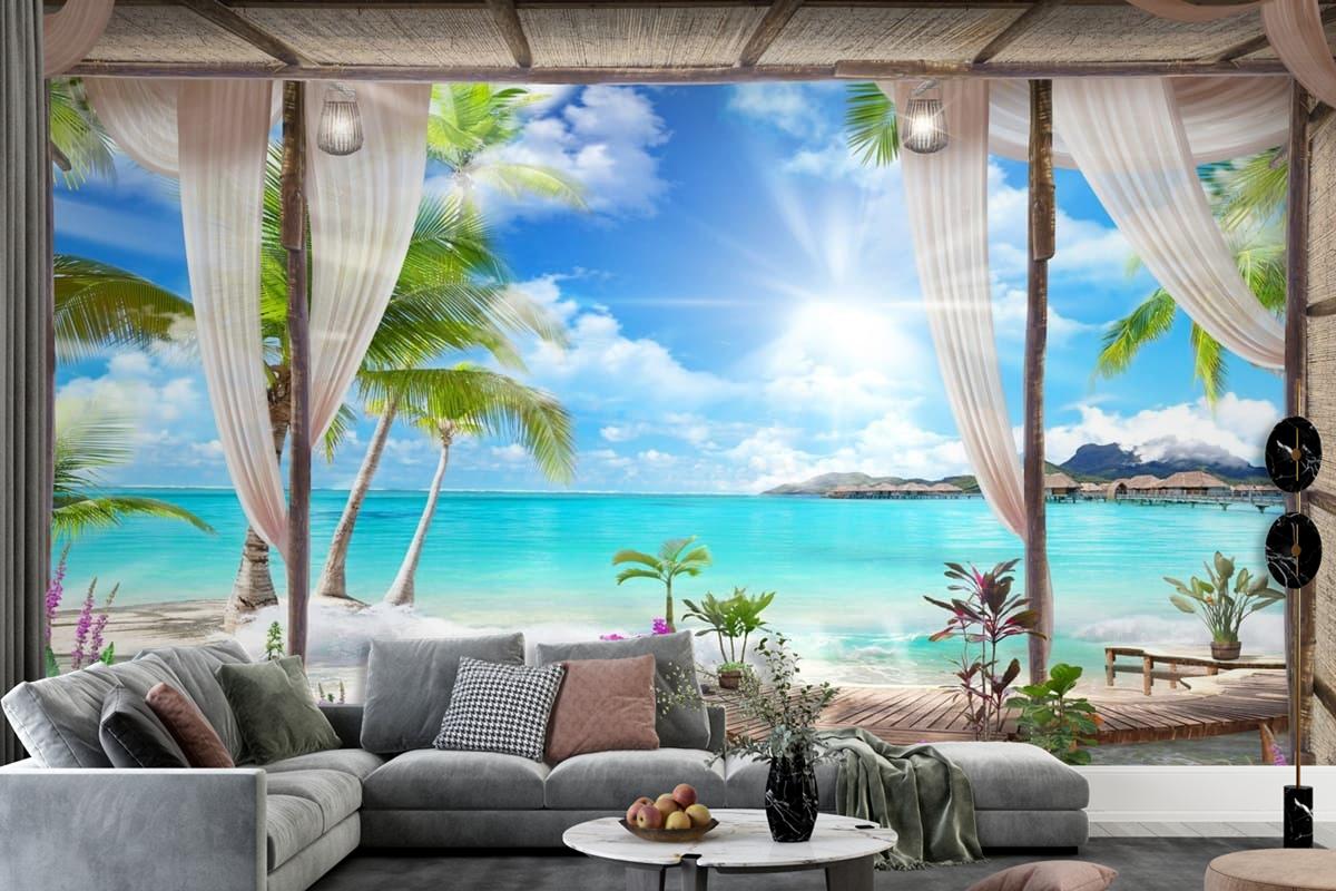 Muhteşem Perdeli 3 Boyutlu Deniz Doğa Manzara Duvar Kağıdı