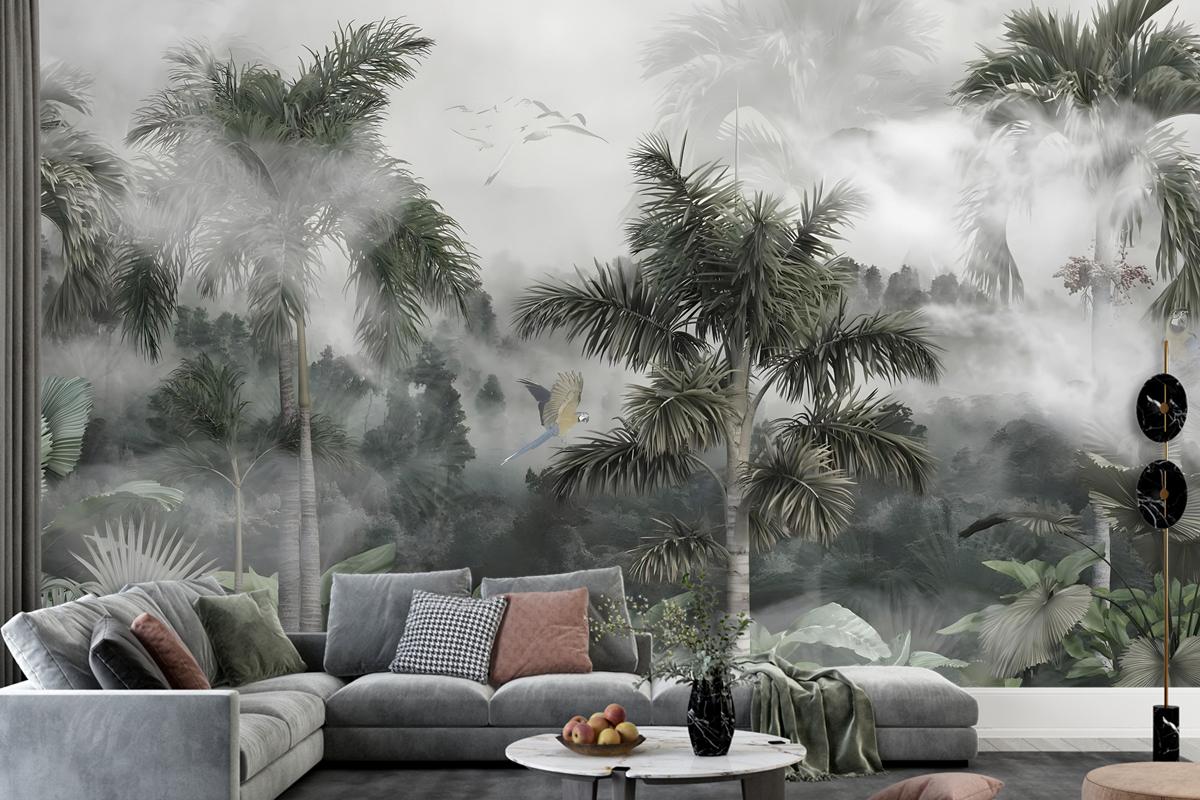 Tek Parça Kumaş Tekstil - Sisli Tropikal Orman Özel Tasarım Duvar Kağıdı