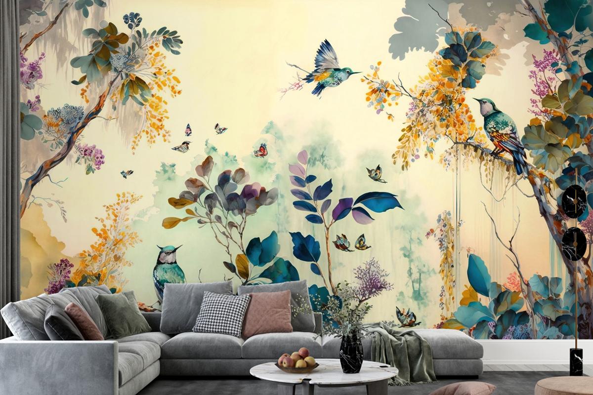 Tropikal Kuşlar Sarı Temalı Duvar Kağıdı