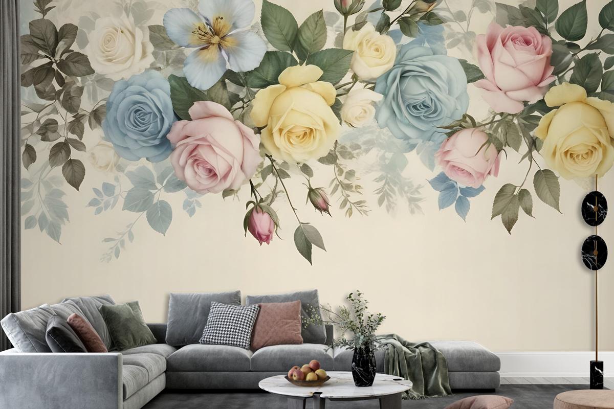 Vintage Renkli Çiçekli Duvar Kağıdı 