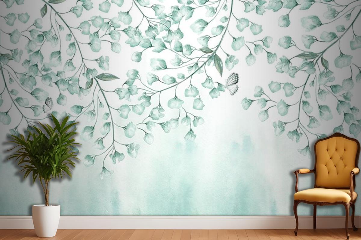 Turkuaz Yapraklar Duvar Kağıdı Yaprak Desenli Duvar Kağıdı