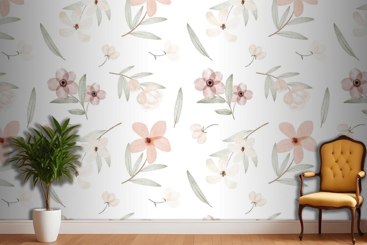 El Boyalı Suluboya Botanik Desenli Duvar Kağıdı 