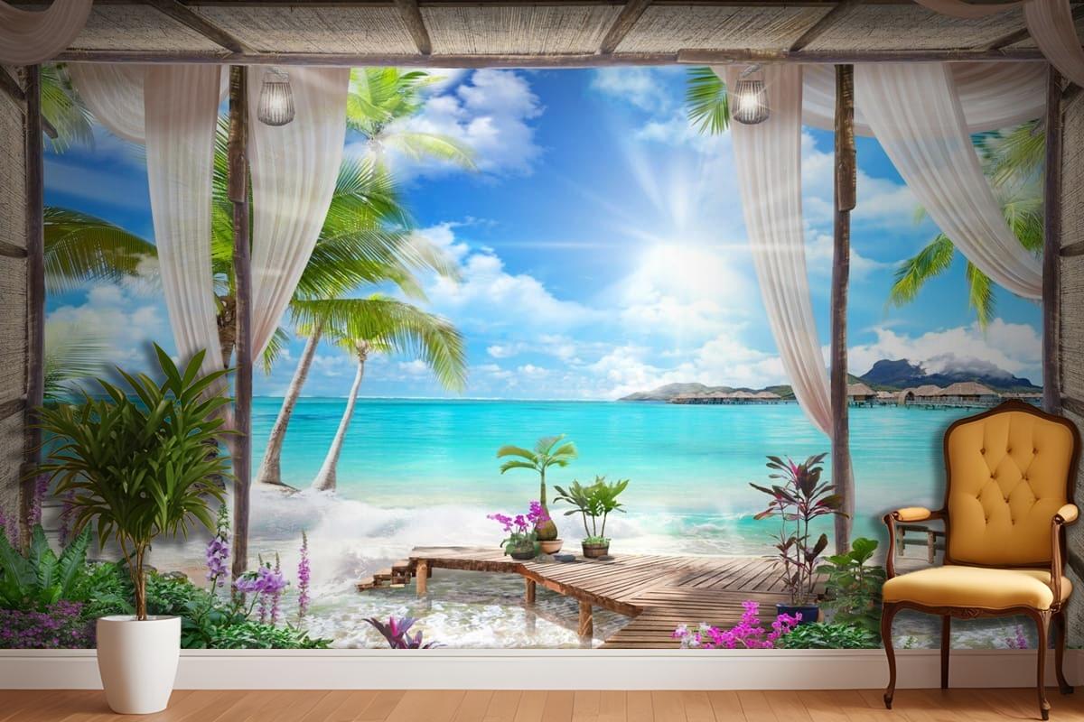 Muhteşem Perdeli 3 Boyutlu Deniz Doğa Manzara Duvar Kağıdı