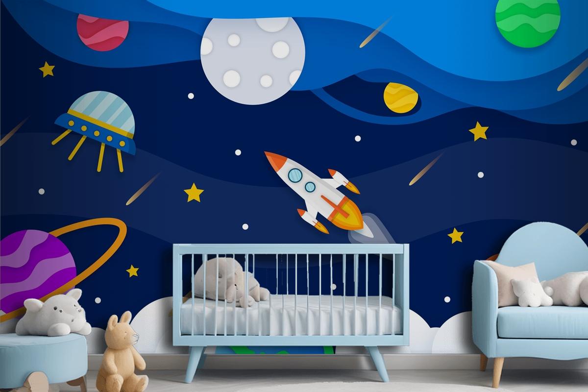 Roket Çocuk Odası Duvar Kağıdı  Ile Kağıt Tarzı Galaksi