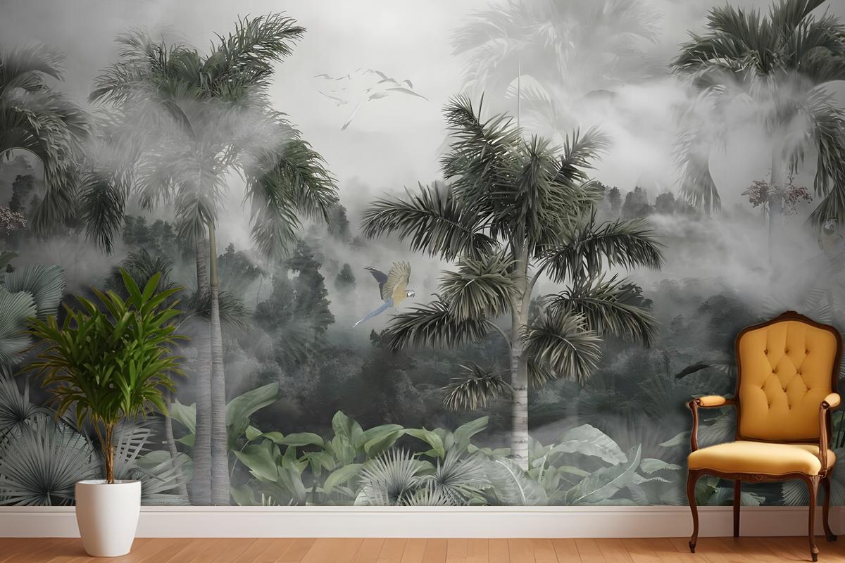 Tek Parça Kumaş Tekstil - Sisli Tropikal Orman Özel Tasarım Duvar Kağıdı