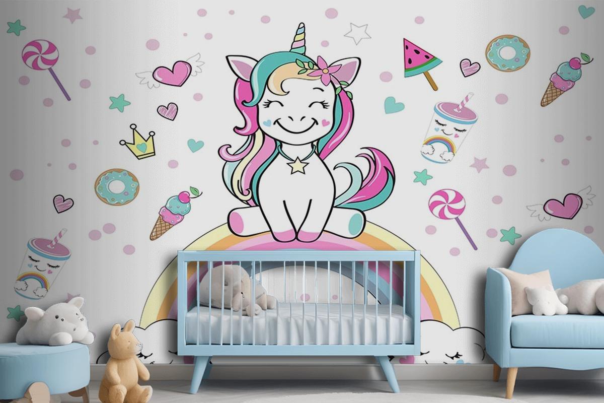 Unicorn Gökkuşağı Çocuk Odası Duvar Kağıdı