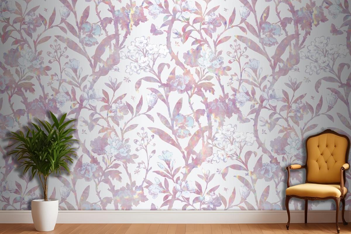 Vintage Holografik Çiçek Desenli Duvar Kağıdı 