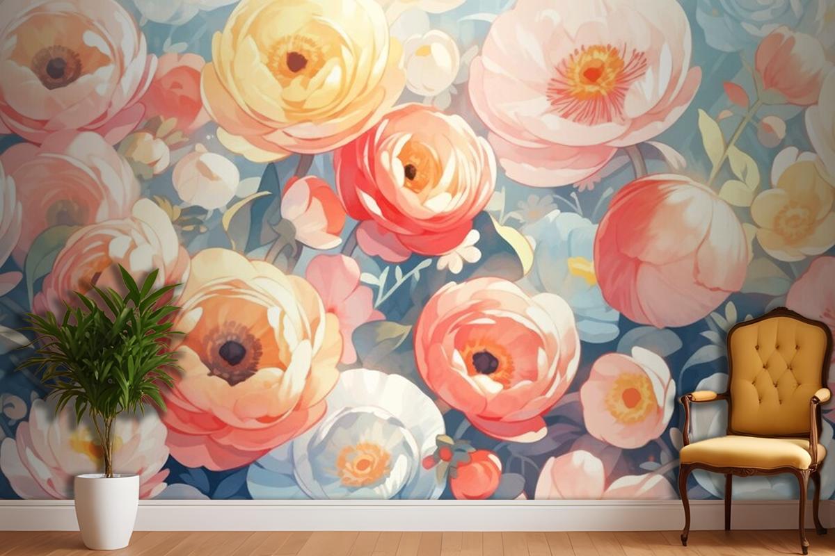 Tamamlayıcı Renklerle Vintage Suluboya Düğünçiçeği Tasarımı Duvar Kağıdı