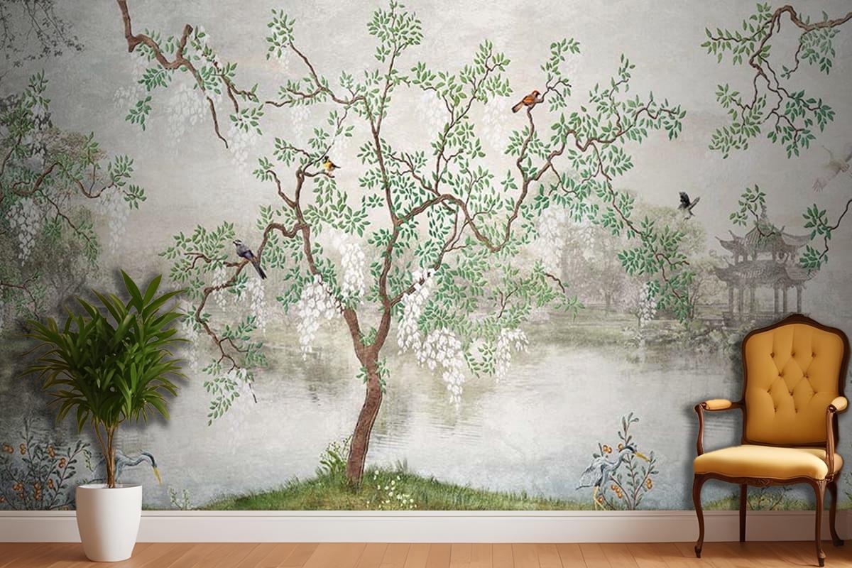 Yağlı Boya Tarz Ağaçlar ve Yapraklar Duvar Kağıdı