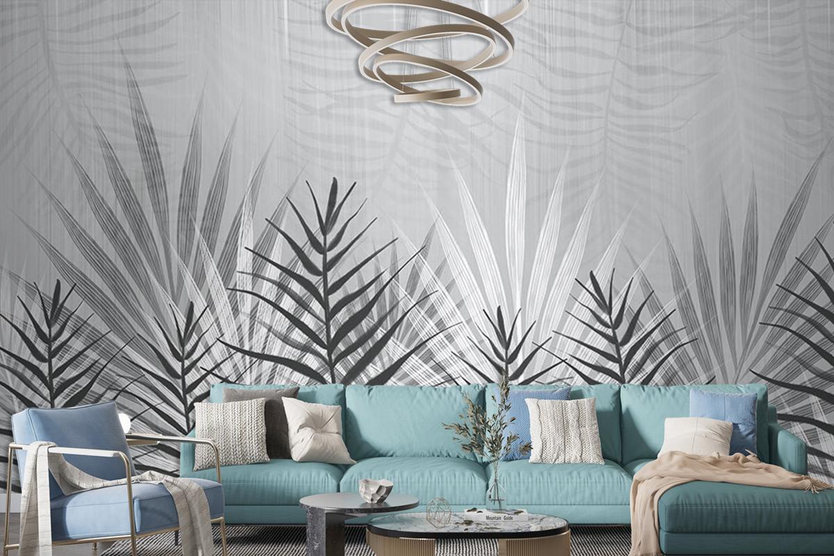 Siyah Beyaz Ince Yapraklar Duvar Kağıdı