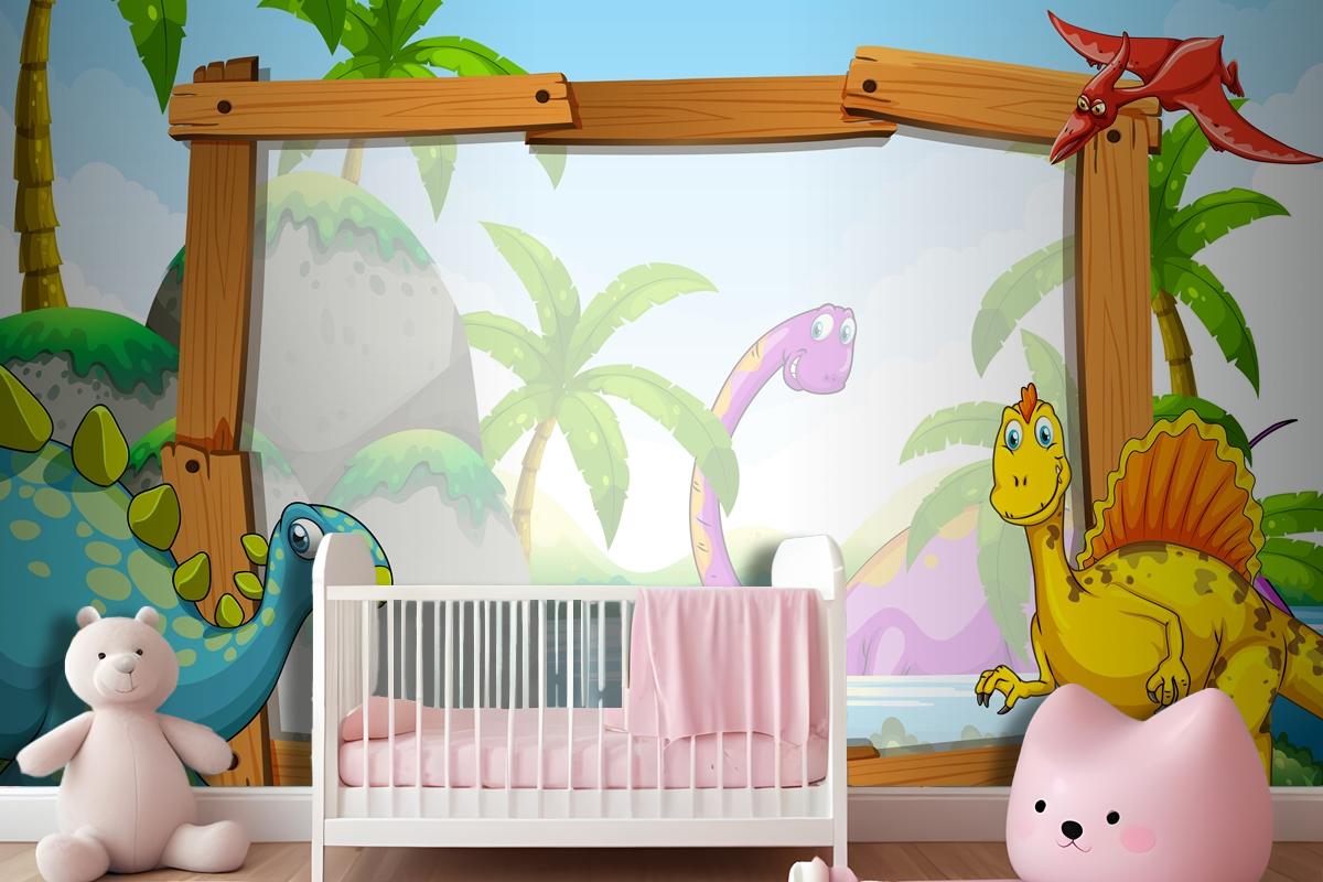 Ahşap Çerçeveli Dinozorlar Çocuk Odası Duvar Kağıdı 