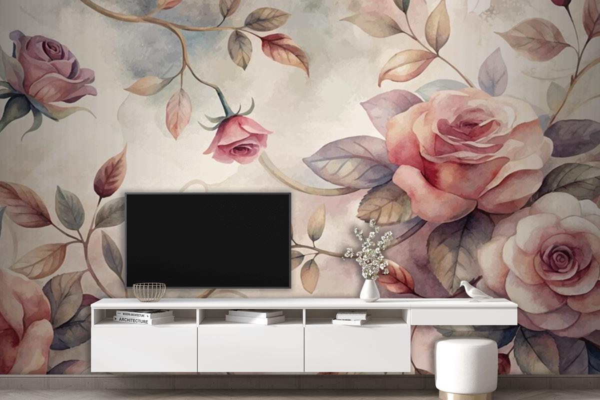 Zarif Gül Ağacı Deseni Suluboya Arka Plan Duvar Kağıdı