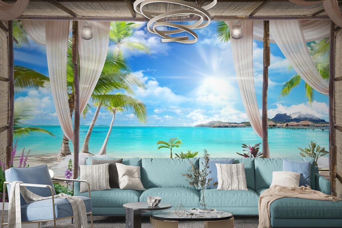 Muhteşem Perdeli 3 Boyutlu Deniz Doğa Manzara Duvar Kağıdı