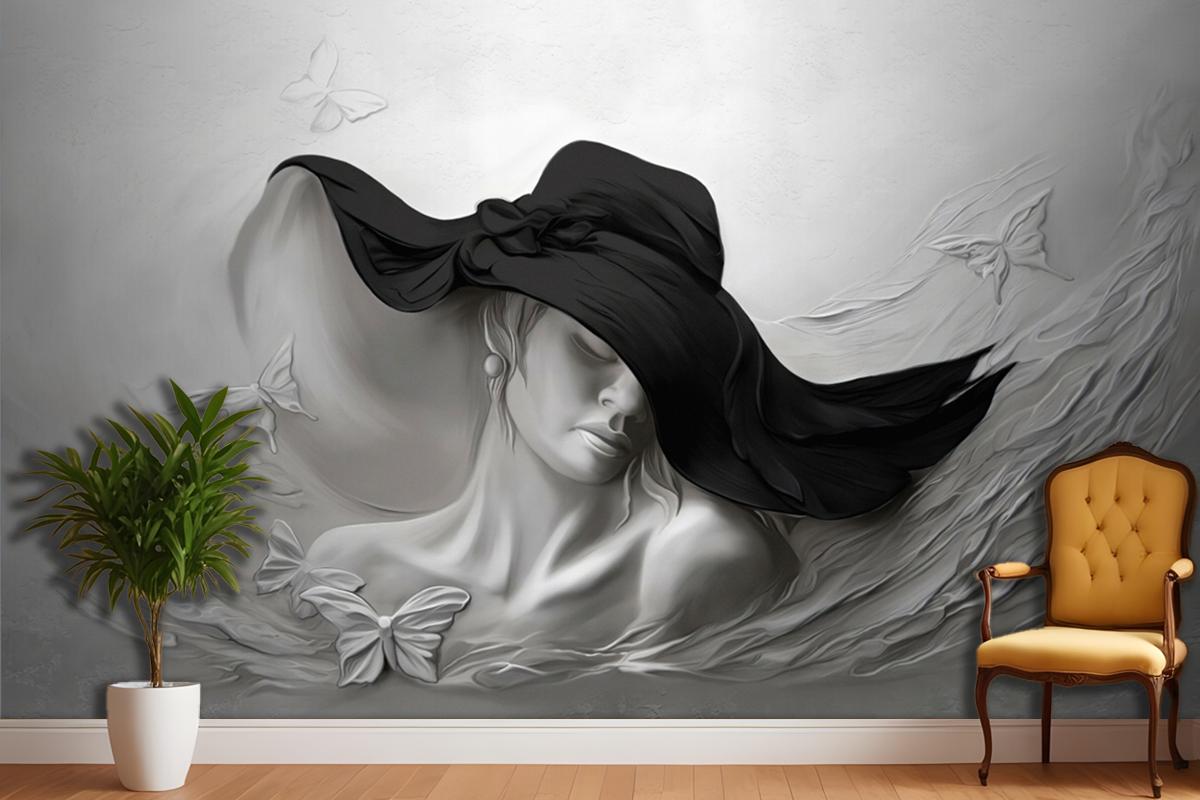 Siyah Şapkalı Kadın Gri Soyut Taş Arka Plan Duvar Kağıdı