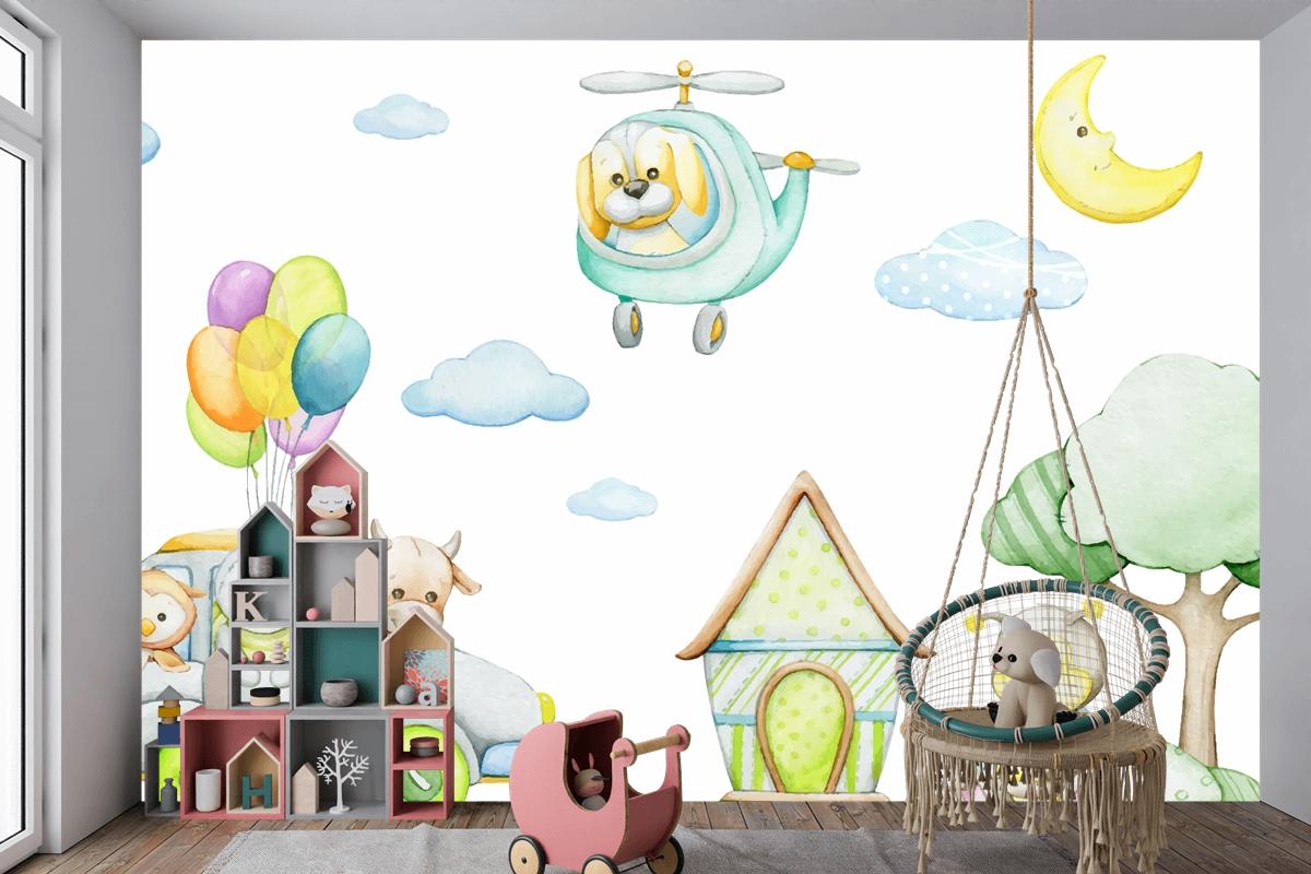 Karikatür Tarzı Tropikal Hayvanlar Araba Helikopter Ay Çocuk Odası Duvar Kağıdı Nde Suluboya Dikişsiz Desen