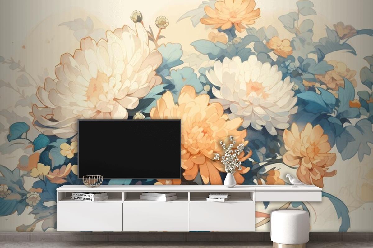 Tamamlayıcı Renklerle Suluboya Vintage Krizantem Teması Duvar Kağıdı