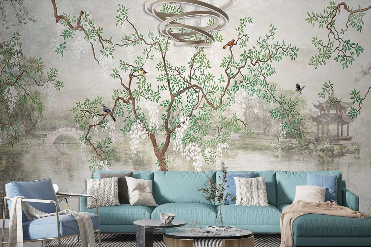 Yağlı Boya Tarz Ağaçlar ve Yapraklar Duvar Kağıdı