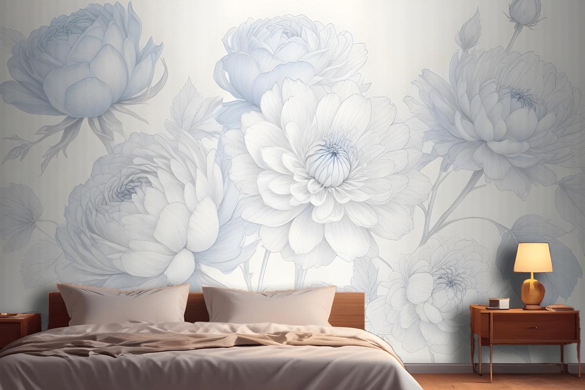 Mavi Büyük Resimli Güller Yatak Odası Duvar Kağıdı