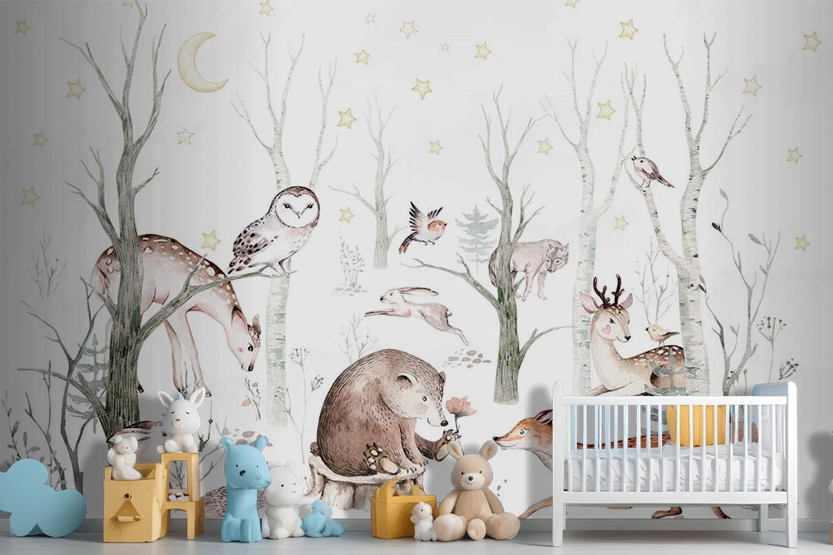 Çocuk Odası Duvar Kağıdı Ormandaki Sevimli Hayvanlar