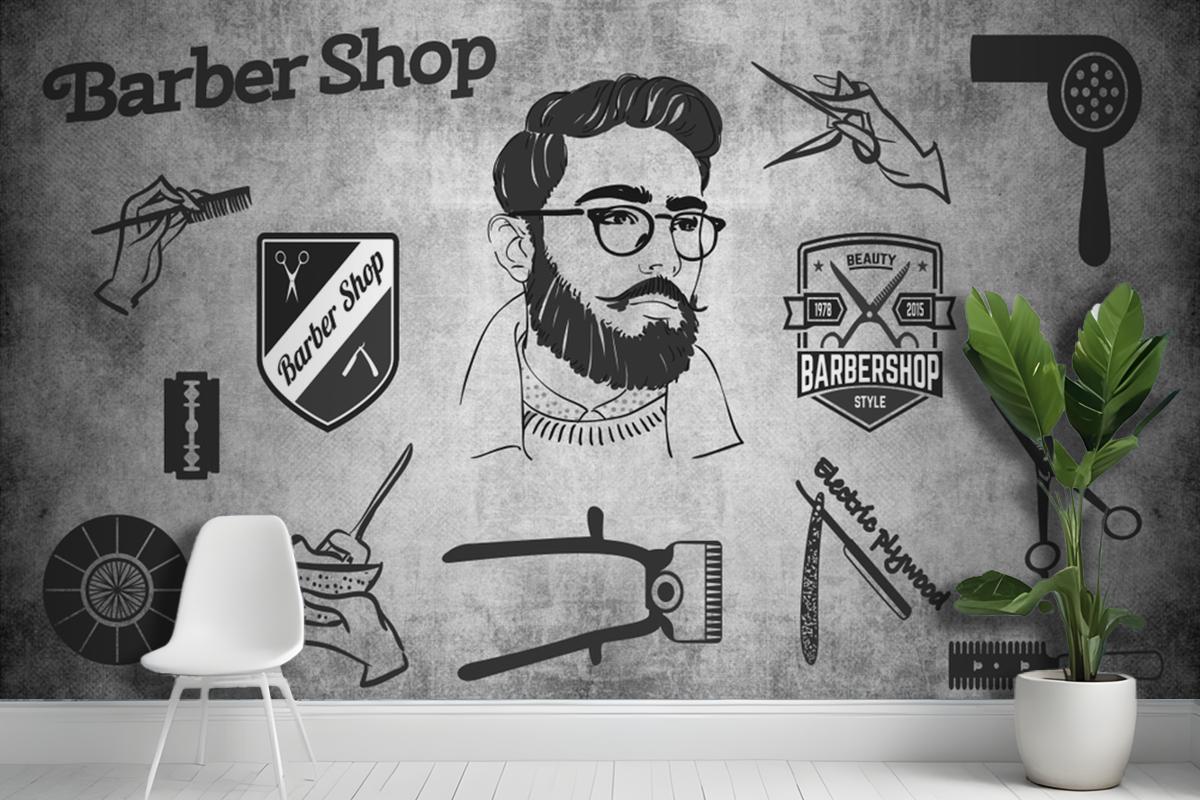 Eskitme Duvar Ahşap Zemin 3D Kuaför Duvar Kağıdı