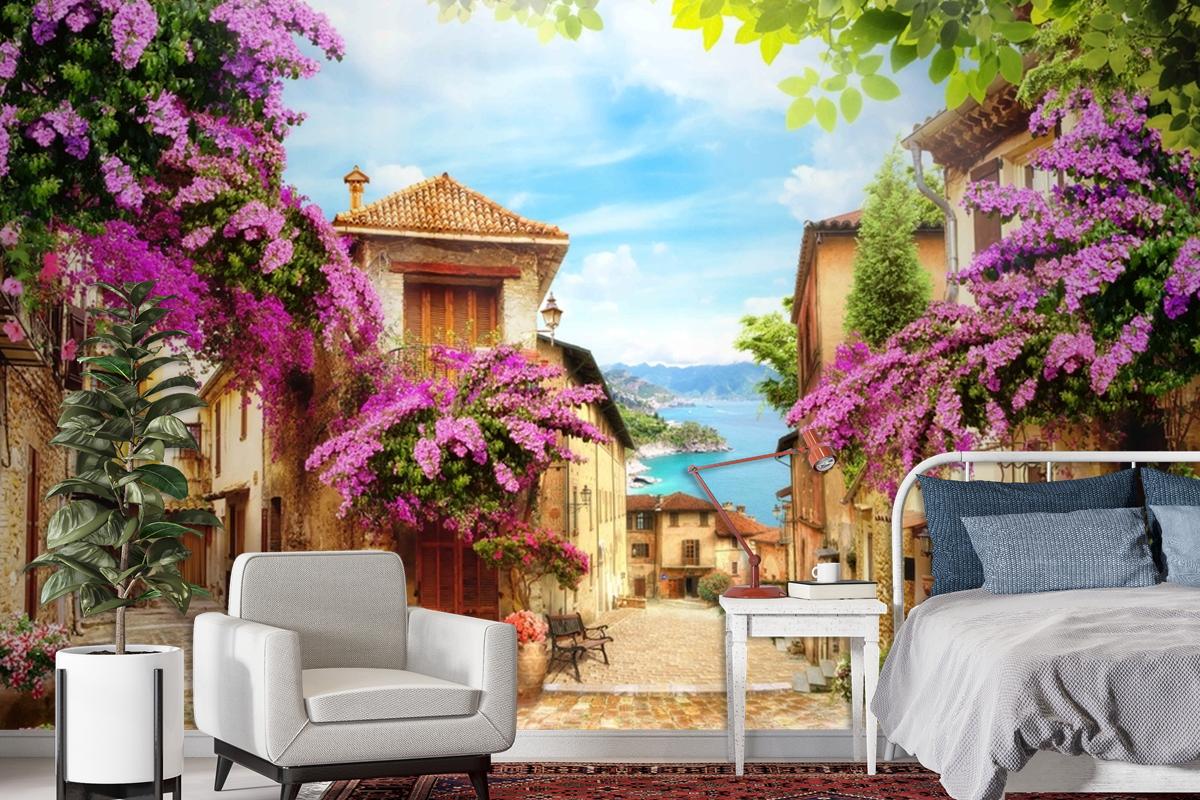 Mor Çiçekler Eski Şehir Manzara Duvar Kağıdı