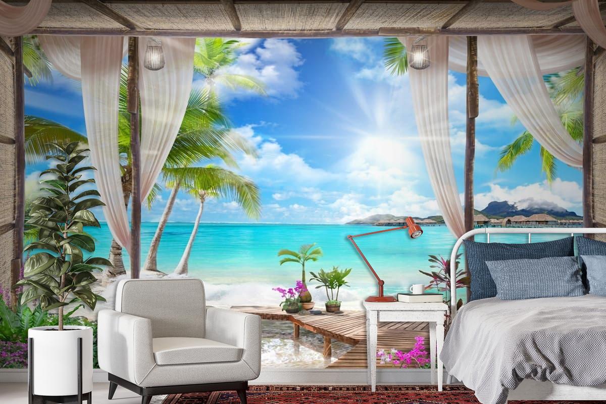 Muhteşem Perdeli 3 Boyutlu Deniz Doğa Manzara Duvar Kağıdı