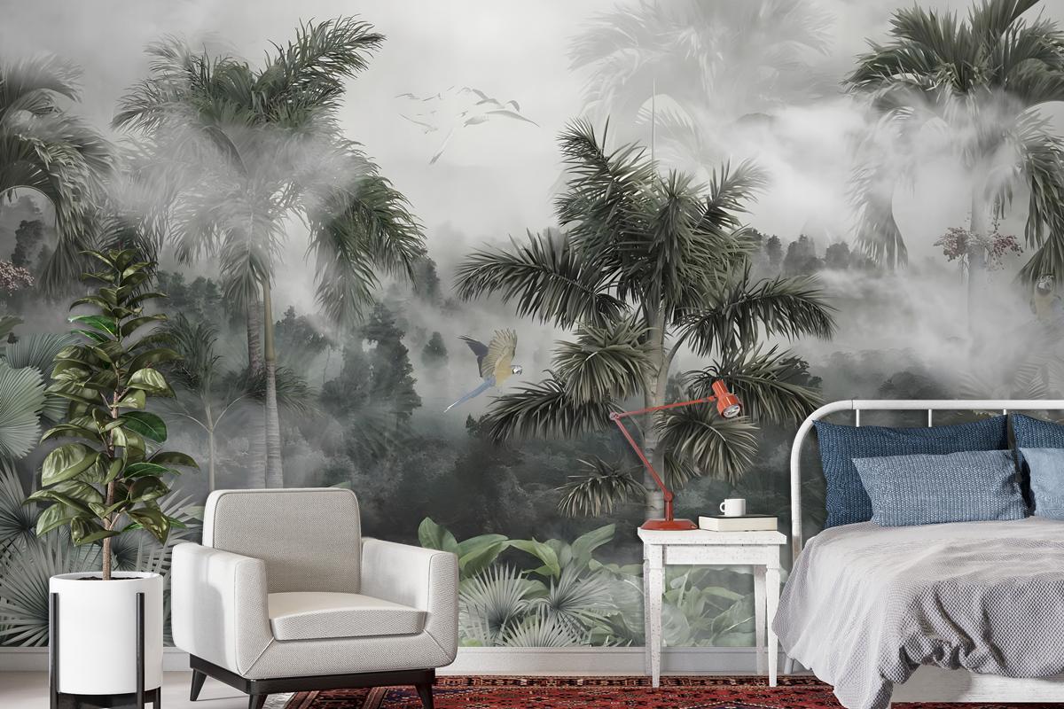 Tek Parça Kumaş Tekstil - Sisli Tropikal Orman Özel Tasarım Duvar Kağıdı