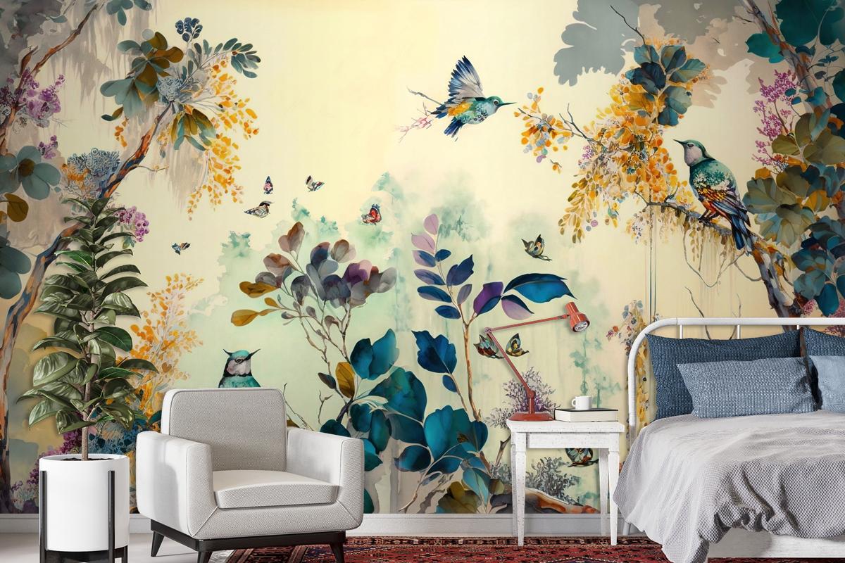 Tropikal Kuşlar Sarı Temalı Duvar Kağıdı